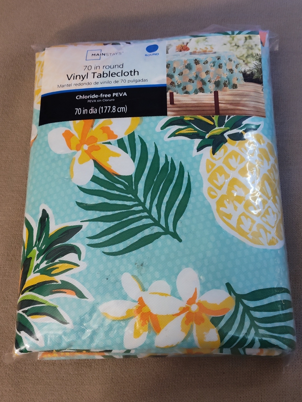 NWT & SEALED! Mainstays Aqua Tropical Pineapple Print Vinyl Tablecloth- 70"